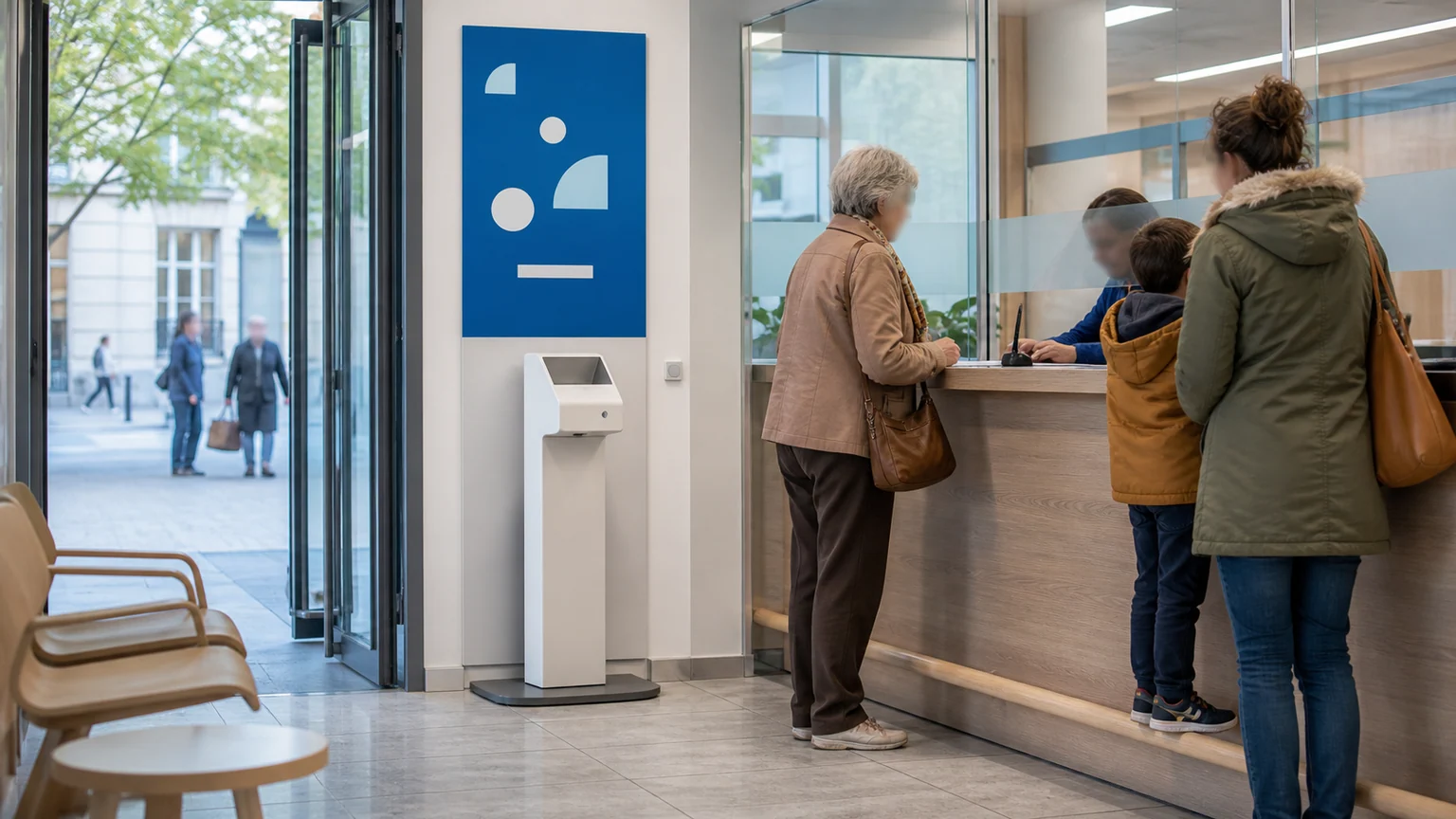Indexation du RSA et de l’Aspa en 2027 — accueil administratif français avec borne de prise de ticket et usagers effectuant une démarche.