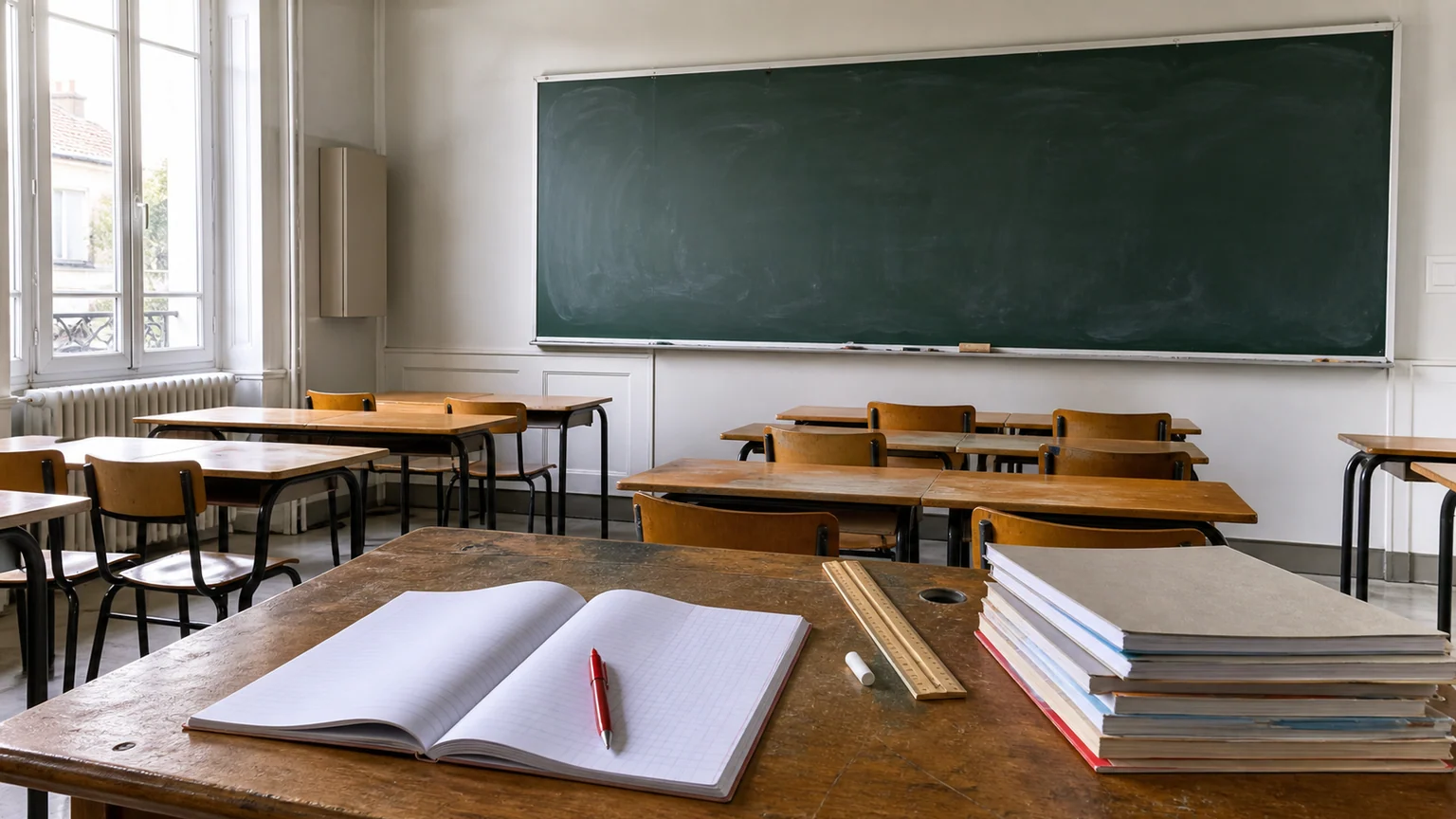 Salaires des enseignants en France — salle de classe vide, tableau noir effacé, cahier ouvert et manuels sur le bureau.