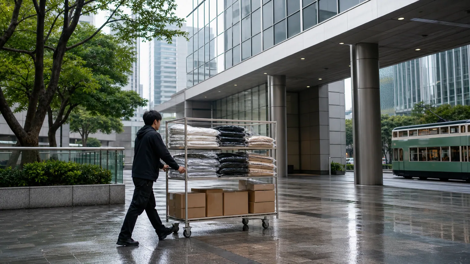 Shein à la Bourse de Hong Kong — façade vitrée, tramway et chariot de vêtements emballés dans un quartier d'affaires après la pluie.