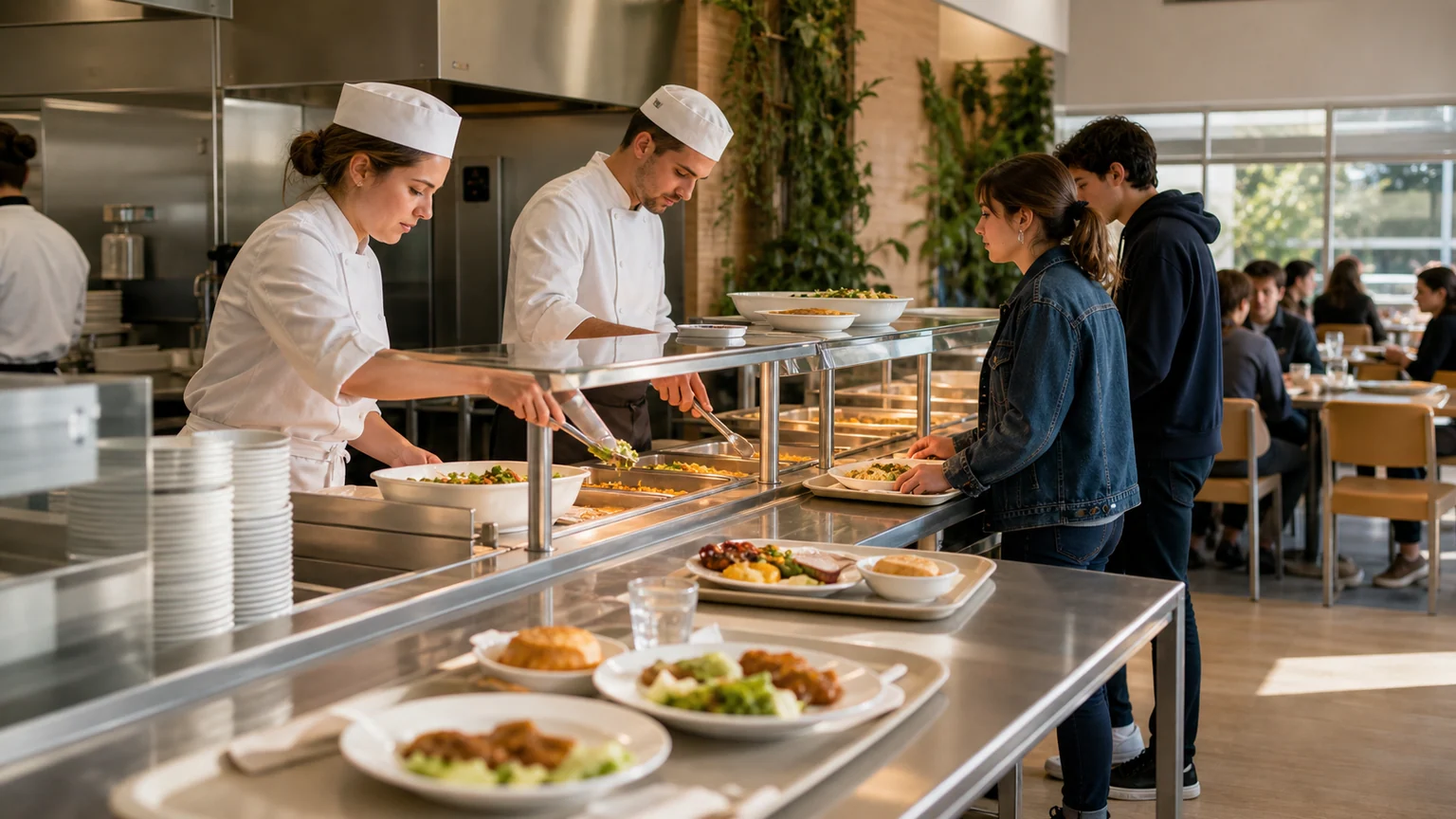 Sodexo et les suppressions de postes en France — comptoir de restauration collective au déjeuner, cuisiniers au service et plateaux-repas.