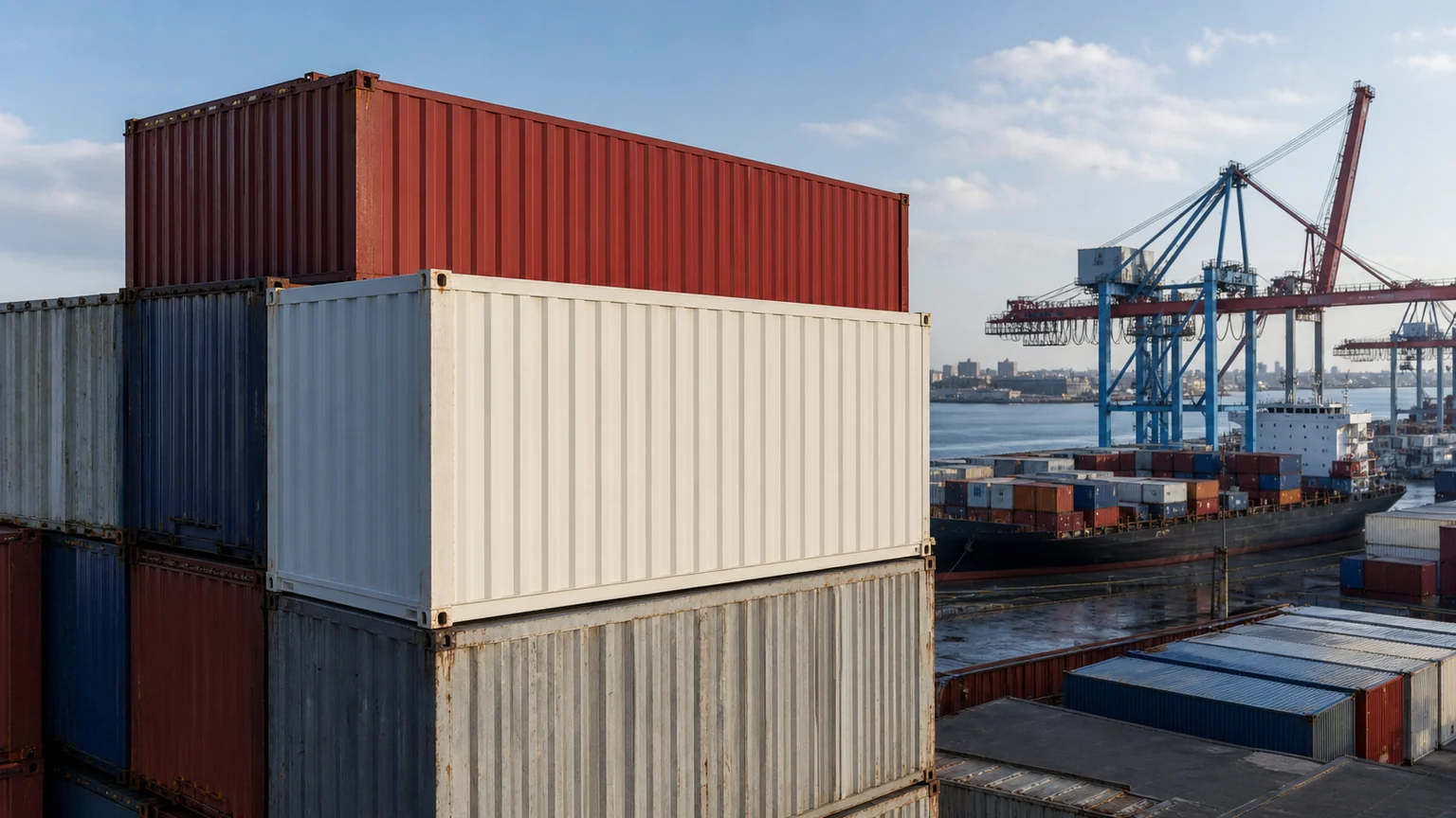 Produits canadiens visés par une surtaxe américaine — piles de conteneurs sans marque, portiques et cargo dans un terminal nord-américain au matin.