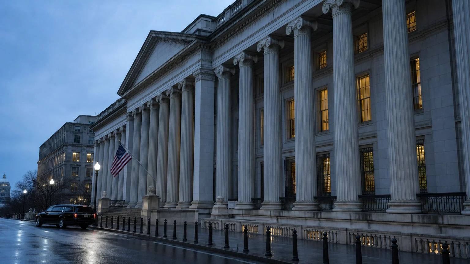 Taux américains à long terme — façade néoclassique fédérale sous la pluie à Washington, colonnes de pierre, drapeau américain et chaussée brillante au crépuscule.