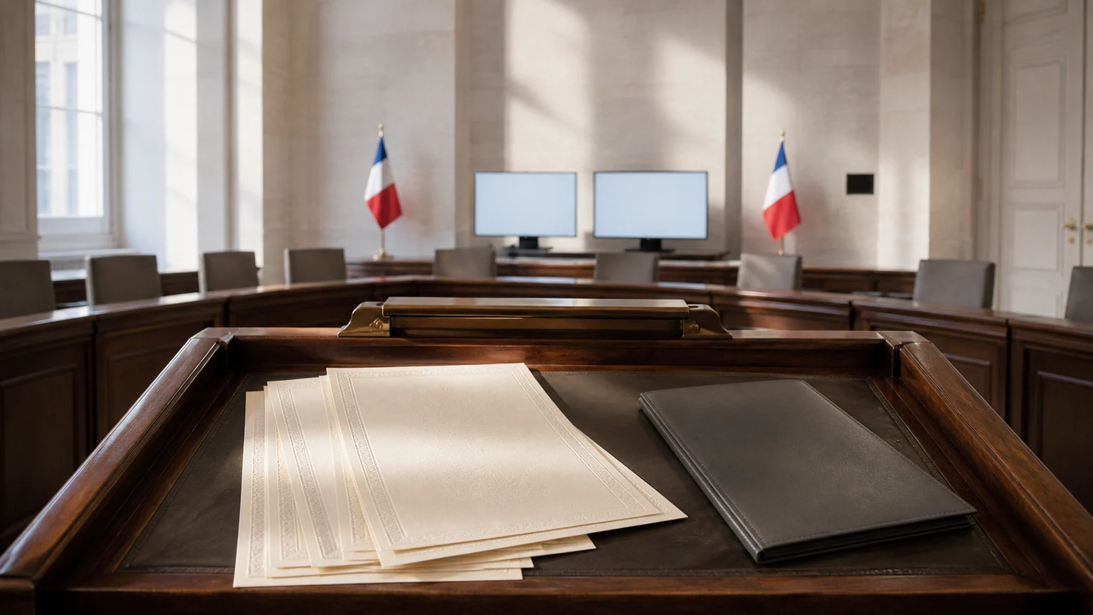 Dette française et refinancement des OAT — pupitre d’adjudication avec documents obligataires vierges, salle institutionnelle et drapeaux tricolores.