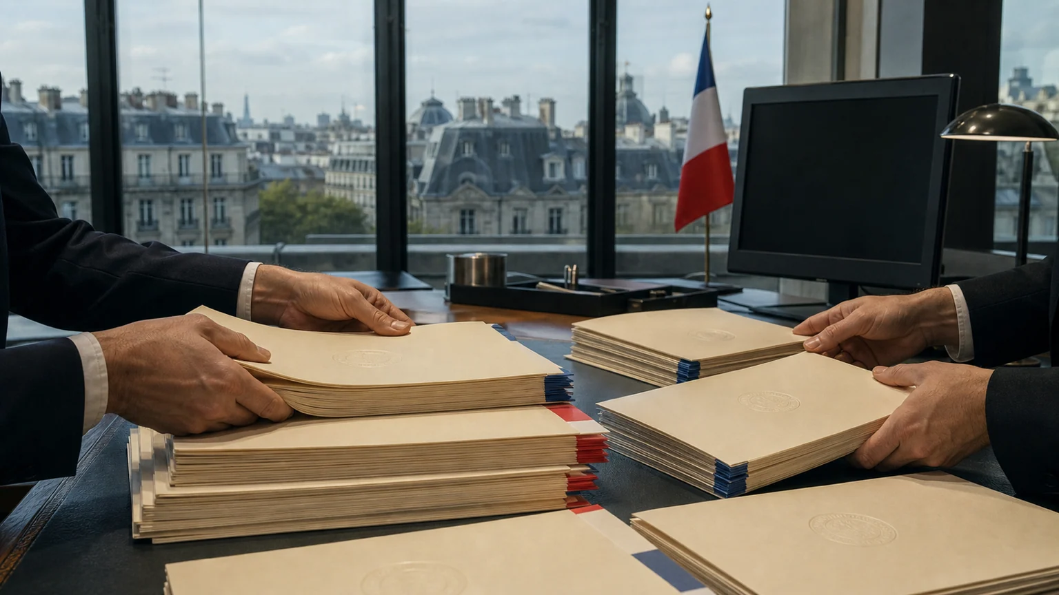 Taux français à dix ans — dossiers d'obligations préparés par des mains anonymes devant les toits de Paris et un drapeau français.