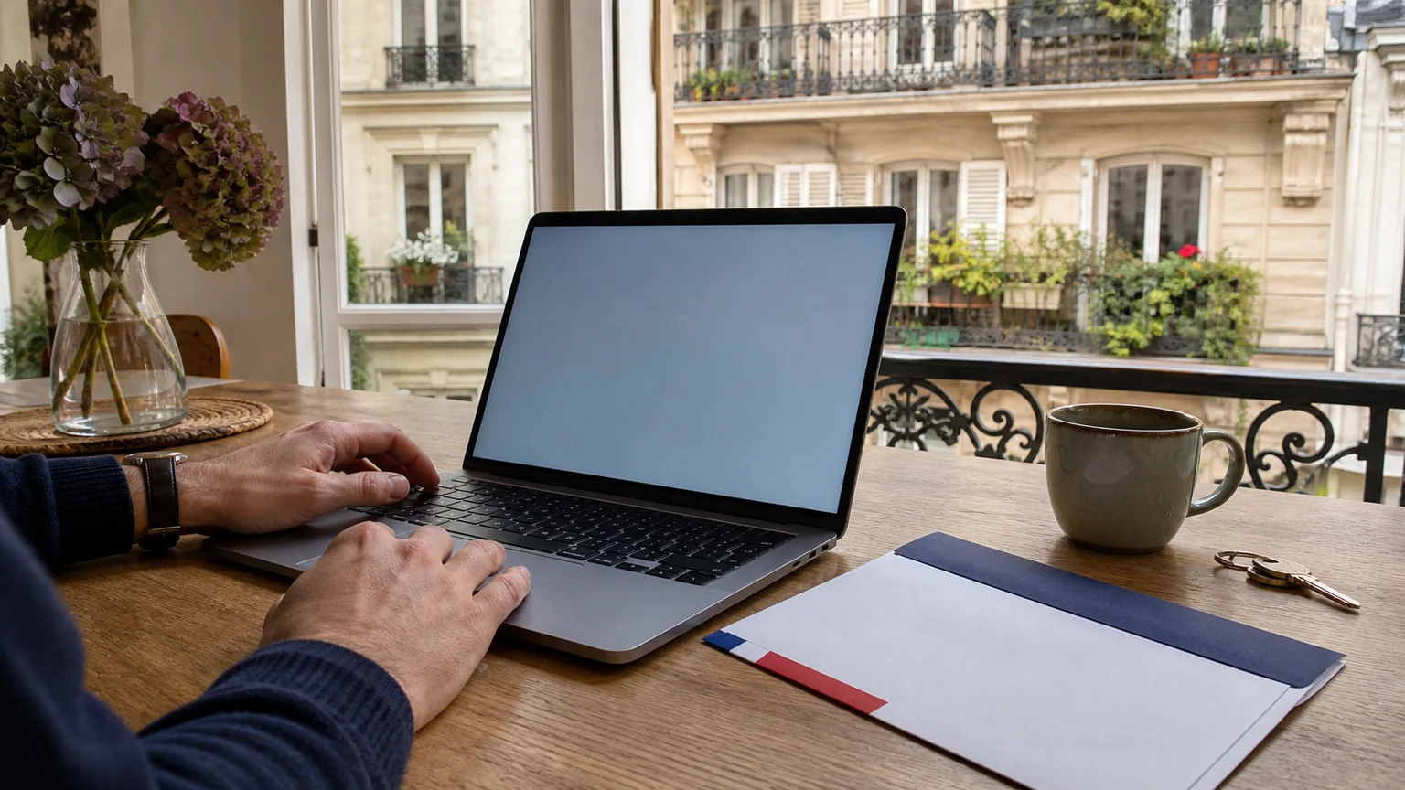 Taxe foncière, avis consulté en ligne — mains sur un ordinateur portable, enveloppe administrative vierge et cour d'immeuble française au soleil.