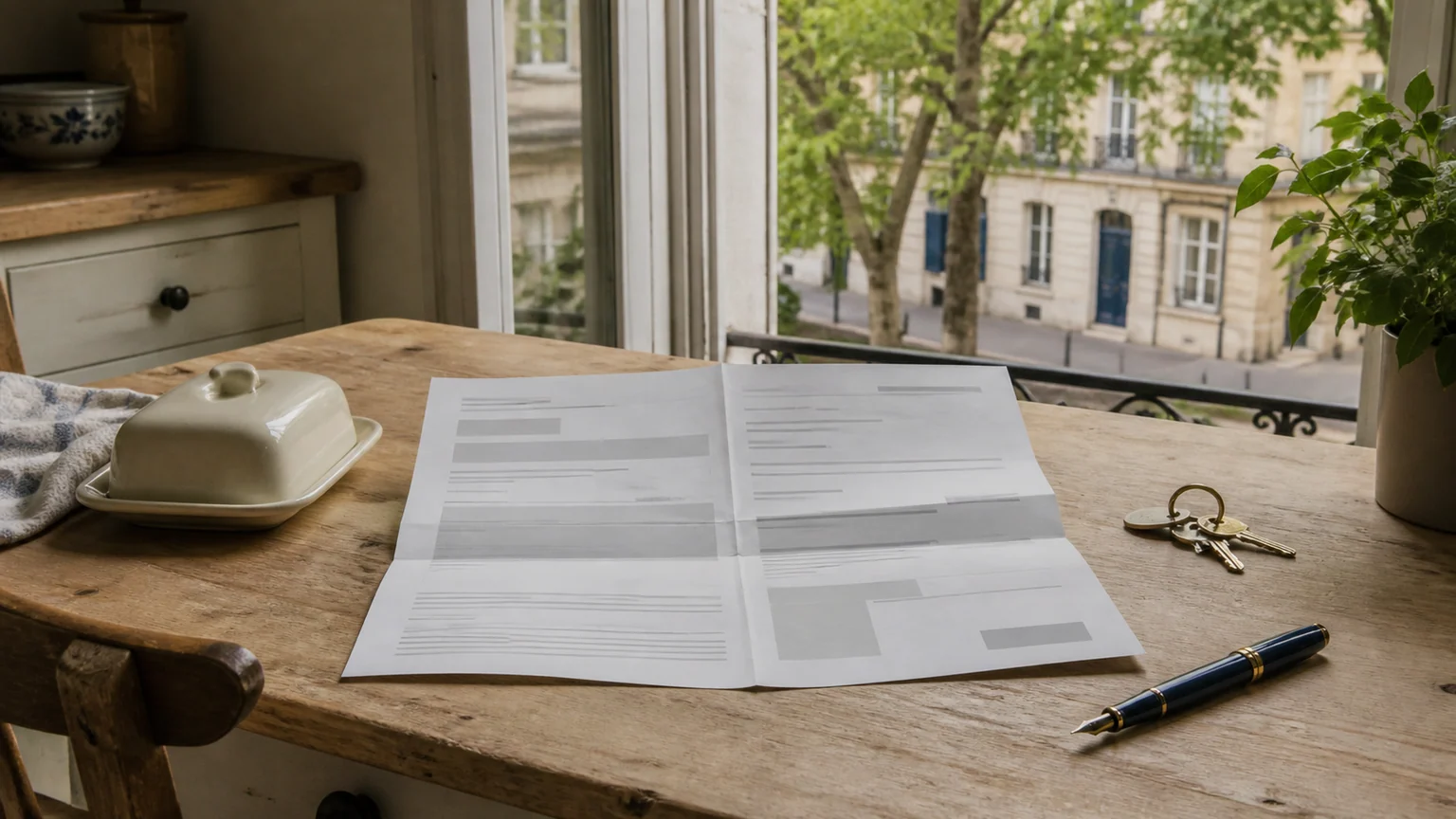 Taxe foncière et avis de paiement — document fiscal anonymisé ouvert sur une table de cuisine française, près d'une fenêtre donnant sur une rue résidentielle.