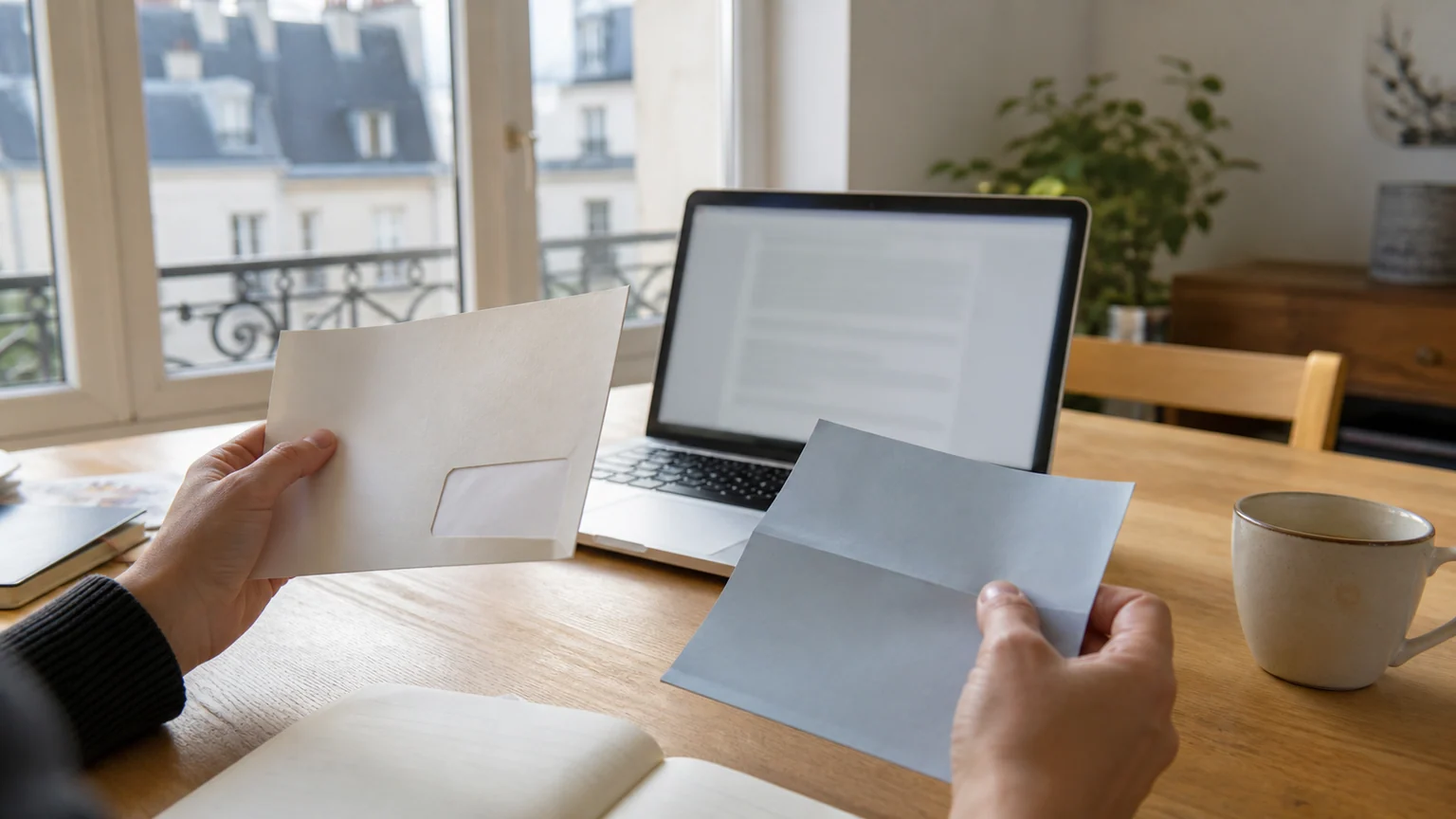 Taxe foncière 2026 — mains anonymes comparant une enveloppe et un document devant un ordinateur dans un appartement français baigné de lumière.