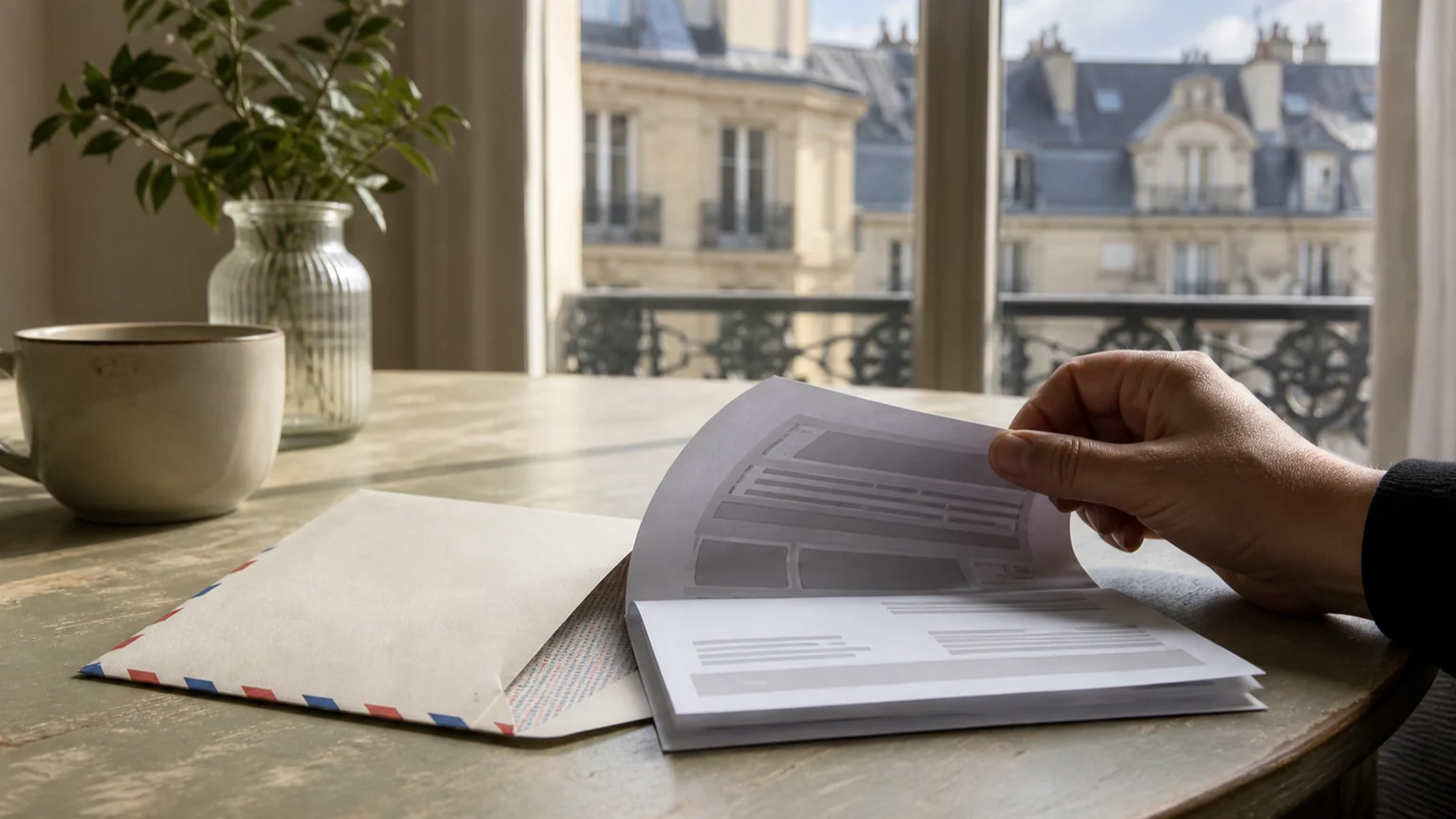 Taxe foncière : réception de l’avis — enveloppe administrative ouverte et main consultant un document sur une table d’appartement français.