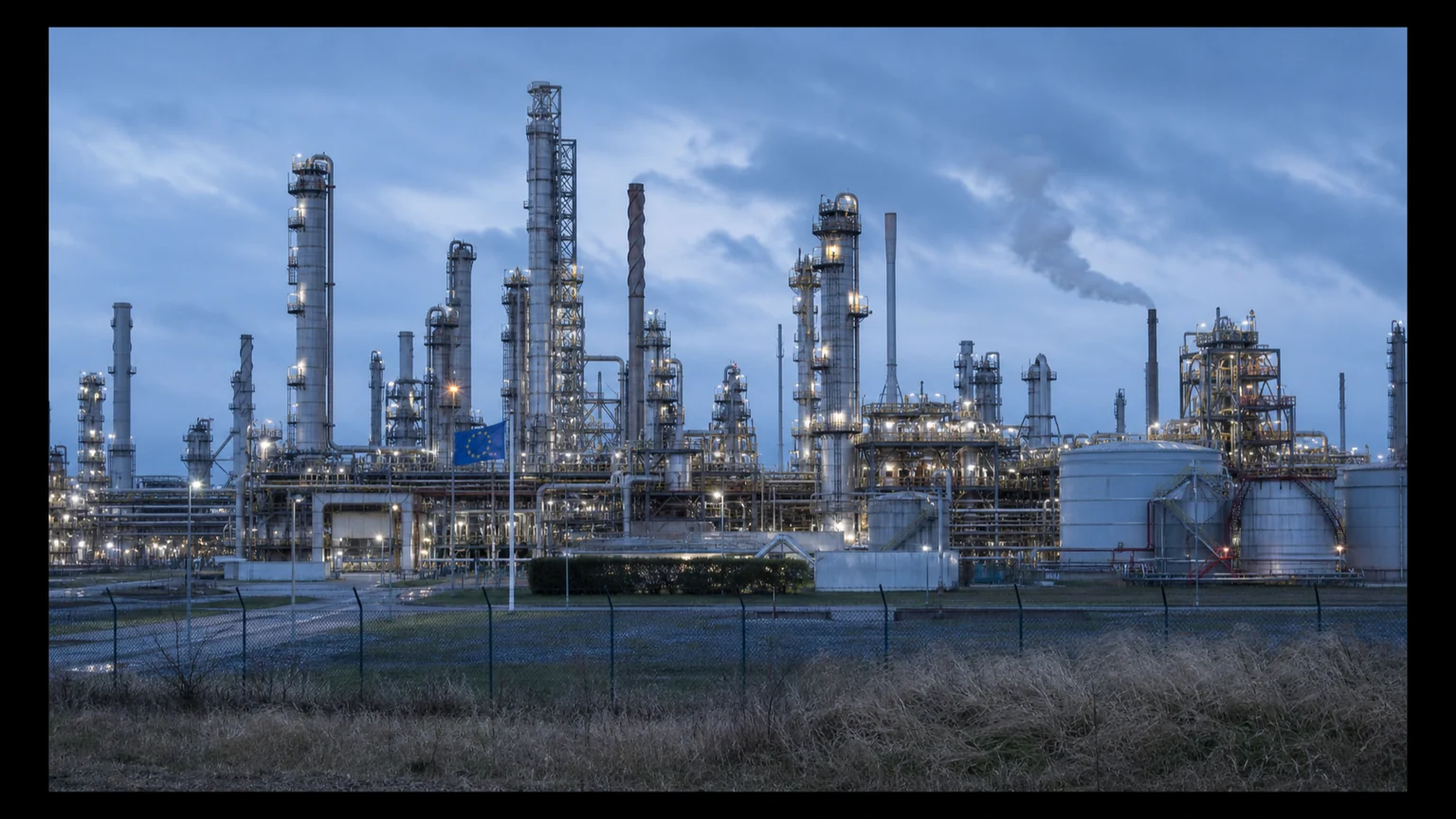 Taxe sur les surprofits pétroliers dans l’UE — raffinerie en activité au crépuscule, tuyauteries et réservoirs derrière une clôture, drapeau européen visible.
