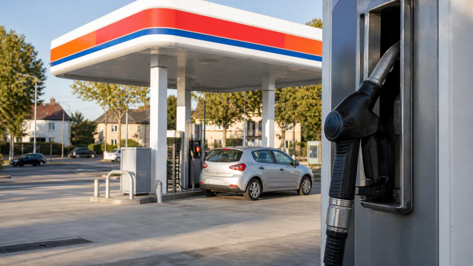 TotalEnergies en France — pistolet de carburant rangé au premier plan d'une station-service française, voiture et pompes visibles sous la marquise.