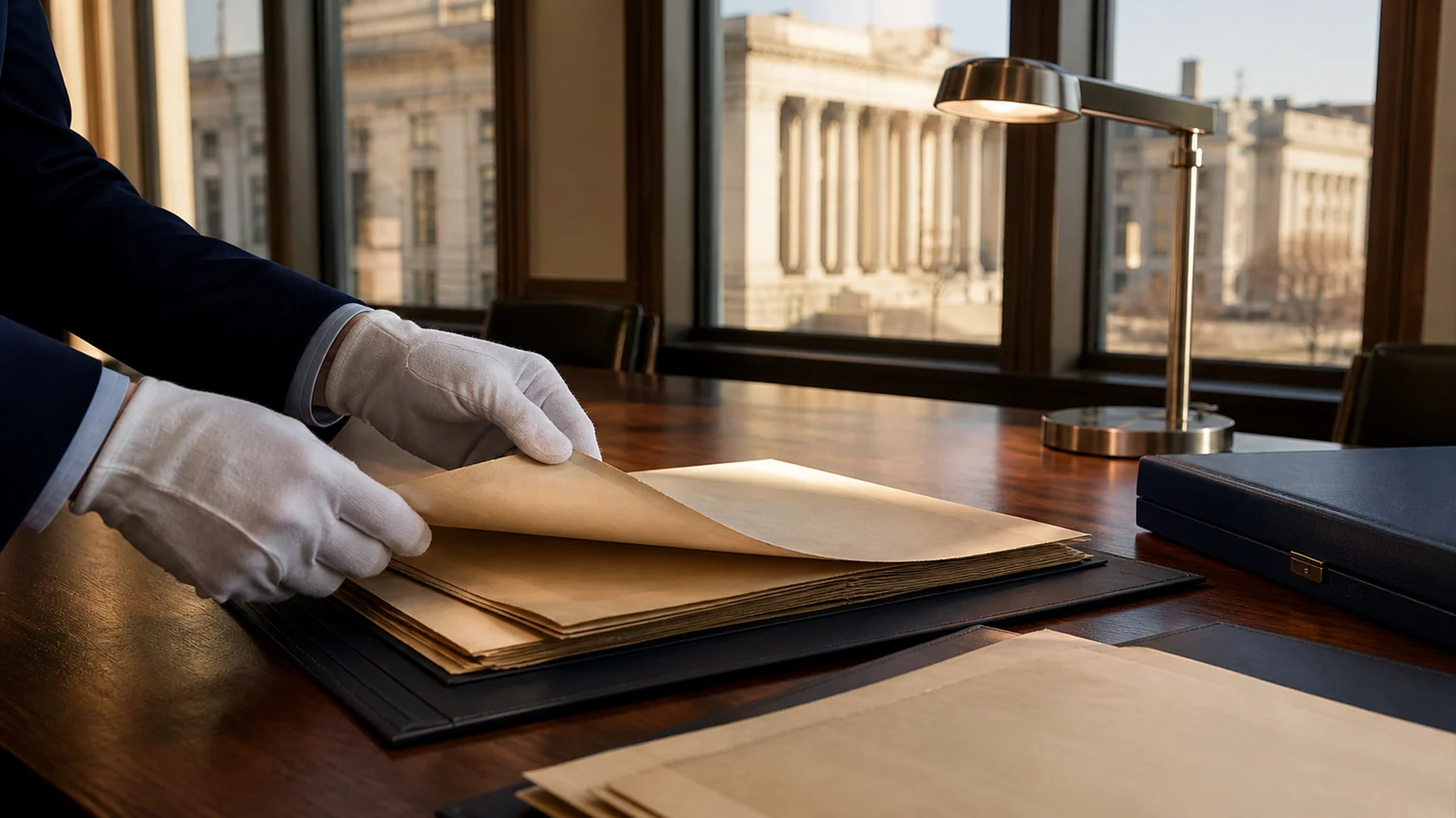 Rachat d’obligations longues du Trésor américain — mains gantées manipulant des titres anciens sur une table institutionnelle, devant une architecture néoclassique de Washington.