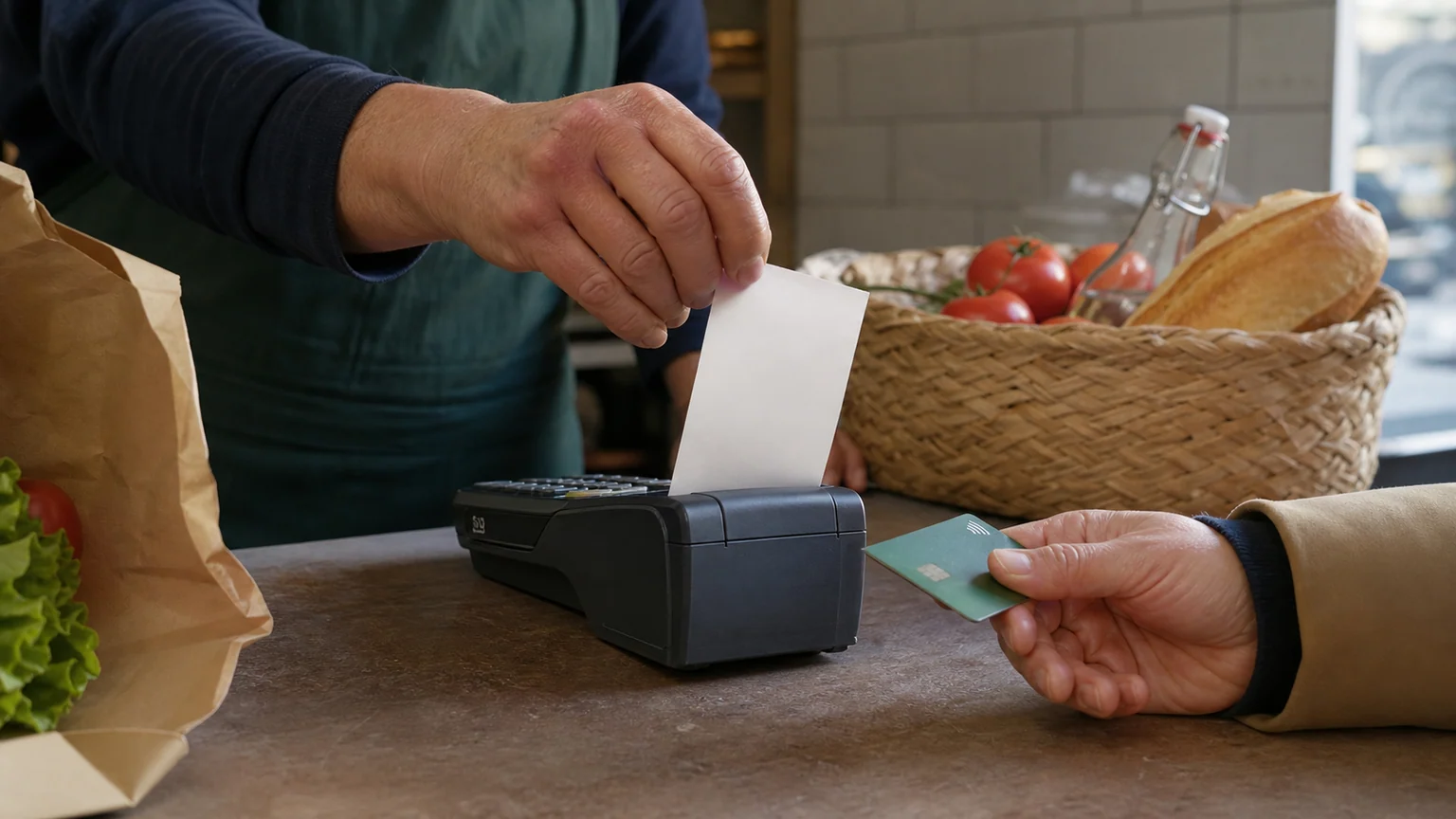 TVA et salaire net proposés par Bruno Le Maire — paiement par carte dans un commerce français, ticket thermique vierge au comptoir.
