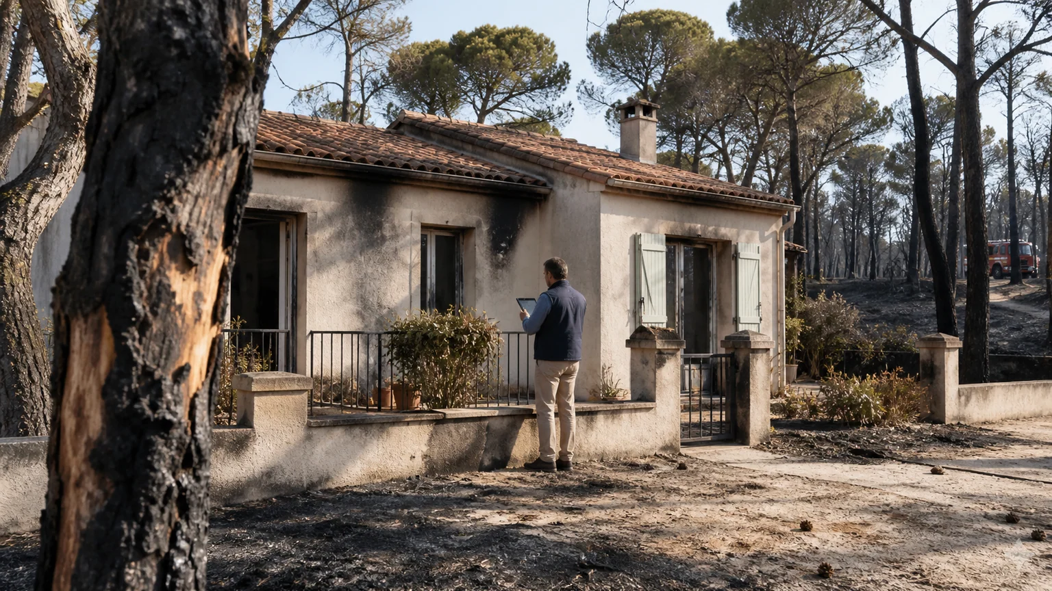 Maison du Sud-Ouest aux murs marqués par la fumée, entourée de pins brûlés, pendant qu'un expert documente les dégâts avec une tablette.
