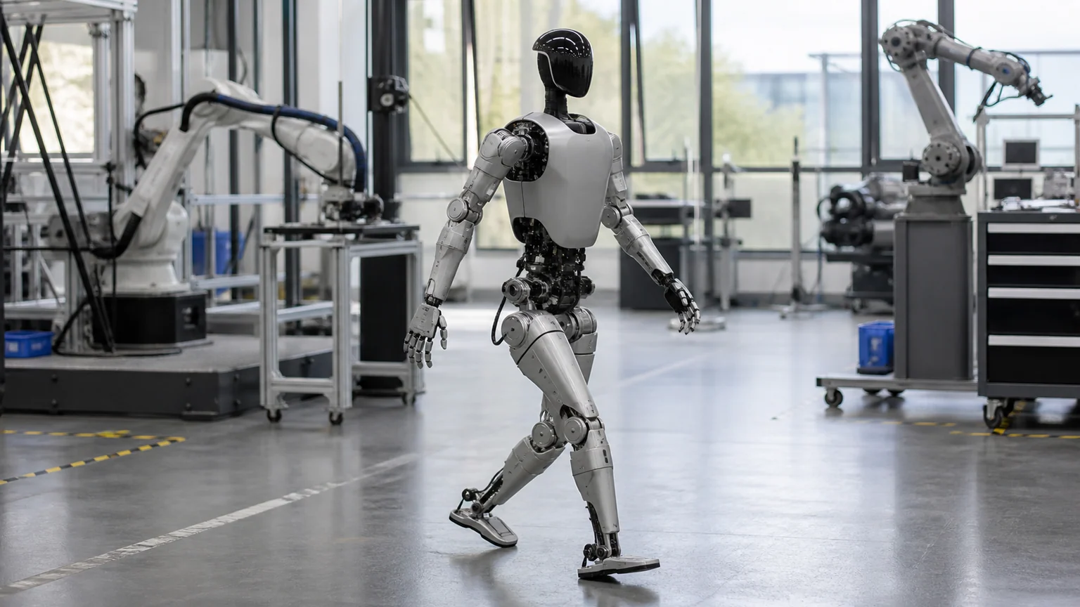 Unitree et ses débuts à la Bourse de Shanghai — robot humanoïde bipède en mouvement dans un atelier de robotique éclairé par la lumière du jour.
