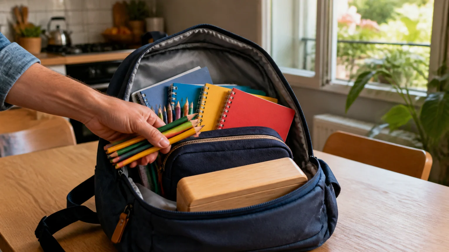 Allocation de rentrée scolaire — cartable ouvert, cahiers colorés et crayons rangés par une main adulte sur une table familiale française.