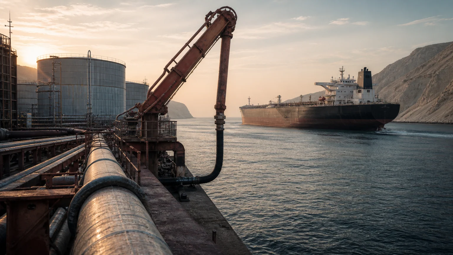 Illustration d'un terminal pétrolier avec réservoirs, conduites de chargement et pétrolier dans un détroit maritime.