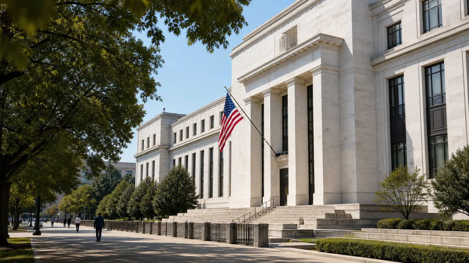 Inflation américaine et Fed — façade institutionnelle en pierre à Washington, drapeau américain au vent et passants lointains sur le trottoir.