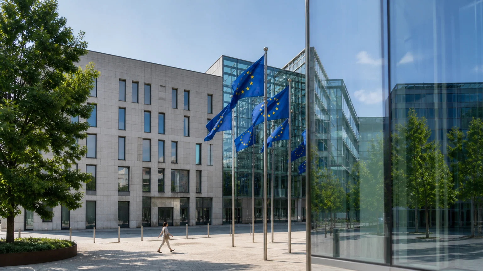 Façade contemporaine d'une institution européenne, drapeaux de l'Union européenne au premier plan et reflet de la ville dans une vitre.
