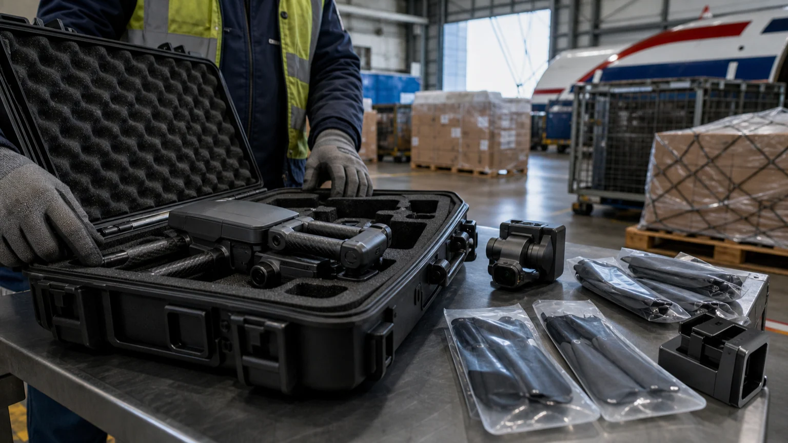 Drone civil non marqué, pièces détachées et station d'accueil dans une mallette ouverte sur une table de contrôle de fret aérien aux États-Unis.