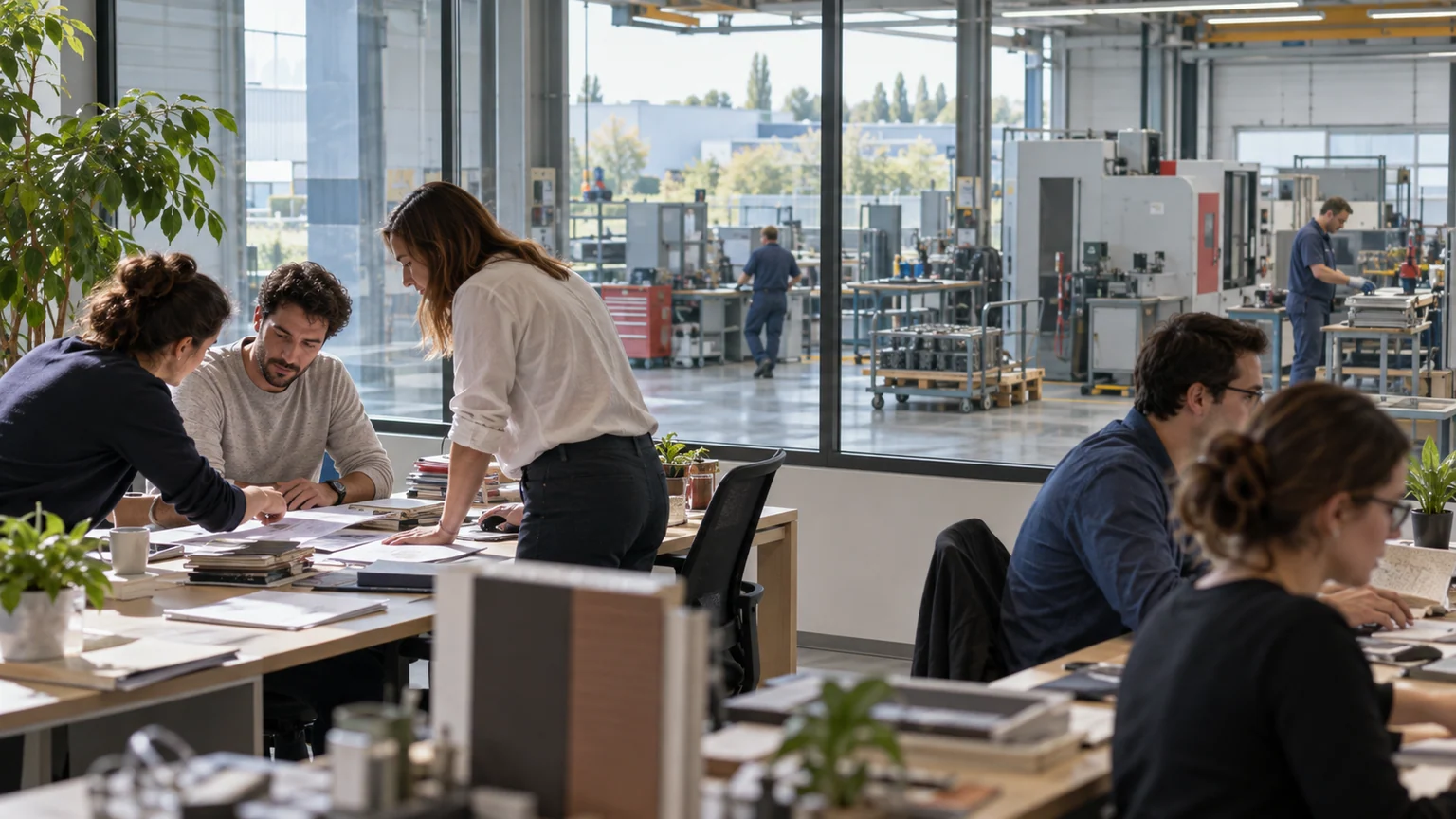 Activité privée française en septembre — espace de services occupé au premier plan et atelier manufacturier visible derrière les grandes baies vitrées.