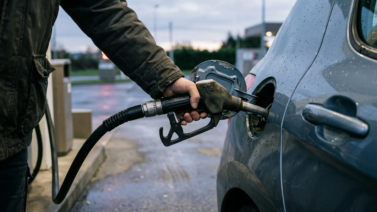 Aide carburant versée aux travailleurs modestes — pistolet de distribution inséré dans le réservoir d'une voiture sur la piste d'une station-service au crépuscule.