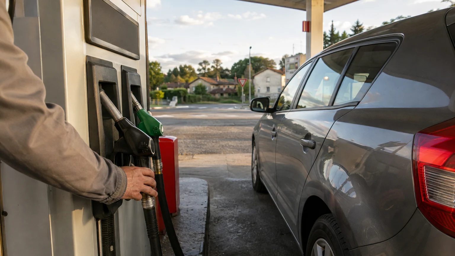 Aide carburant des grands rouleurs — main d’un automobiliste remettant le pistolet à la pompe dans une station-service française en fin de journée.