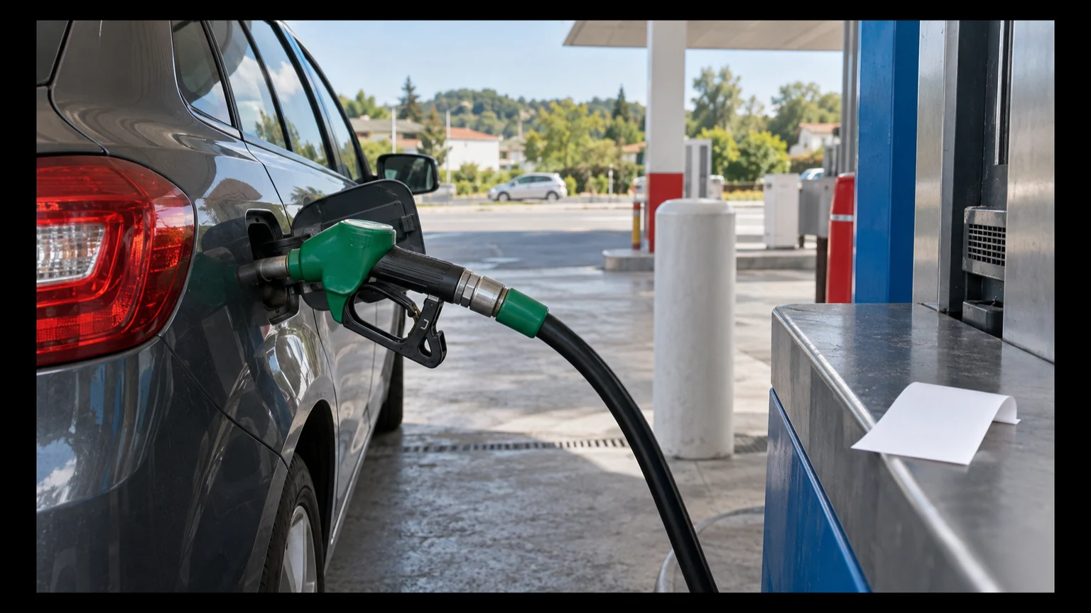 Aide carburant pour les grands rouleurs — voiture thermique faisant le plein dans une station-service française, pistolet et ticket vierge au premier plan.