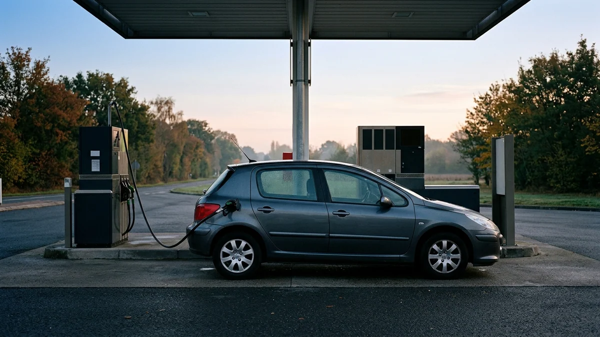 Aide carburant versée aux gros rouleurs — voiture familiale stationnée à la pompe d'une station-service au petit matin avec le pistolet engagé dans le réservoir.