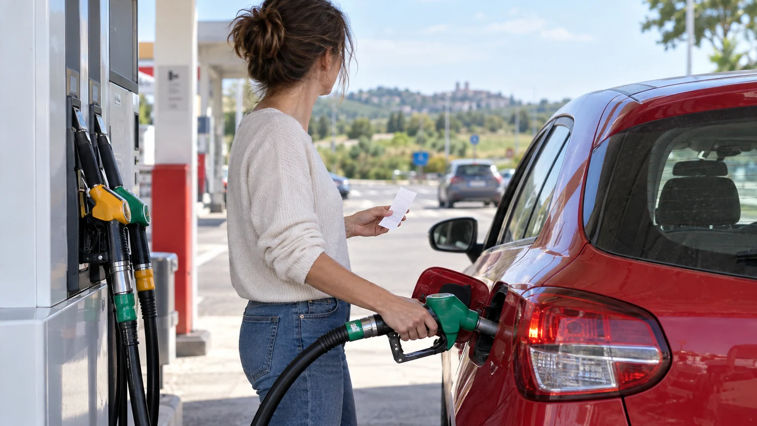 Aide carburant reconduite pour trois mois — station-service française, voiture particulière et pistolet engagé dans le réservoir sous une lumière de journée.