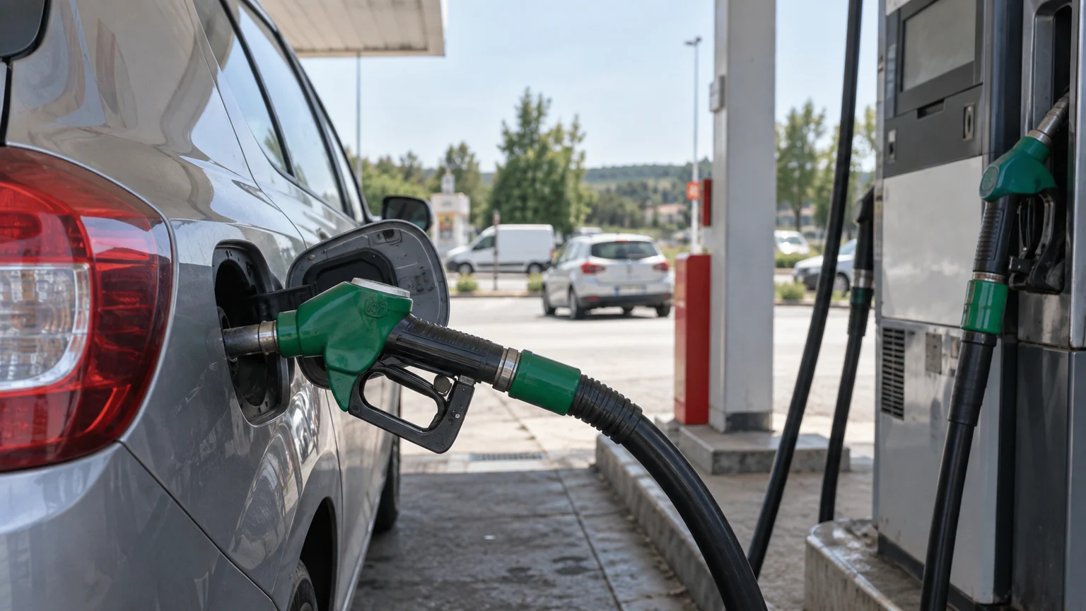 Aide grands rouleurs pour l’automne — pistolet de carburant engagé dans une voiture familiale, au premier plan d’une station-service française.