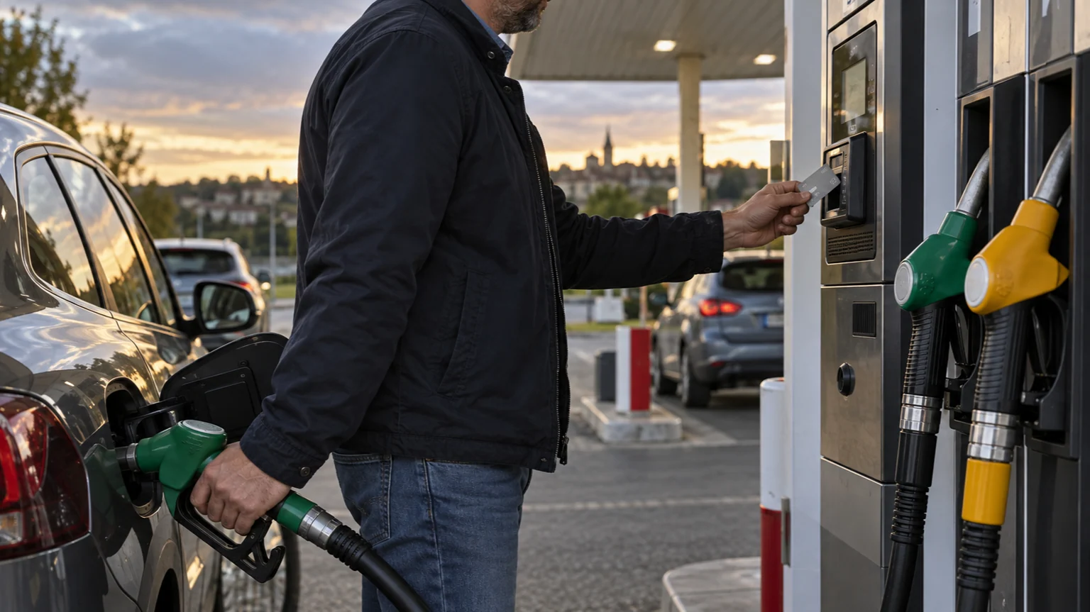 Aides carburant avant l’annonce de 17 heures — station-service française au crépuscule, automobiliste réglant son plein par carte devant les pistolets.