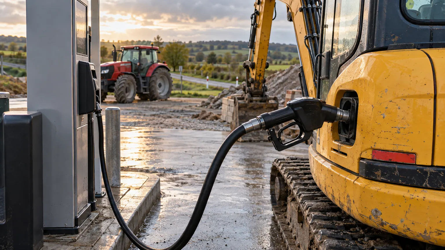 Aides carburants ciblées pour les professionnels — pistolet de gazole branché à une pelleteuse, tracteur rouge et chantier rural français en arrière-plan.