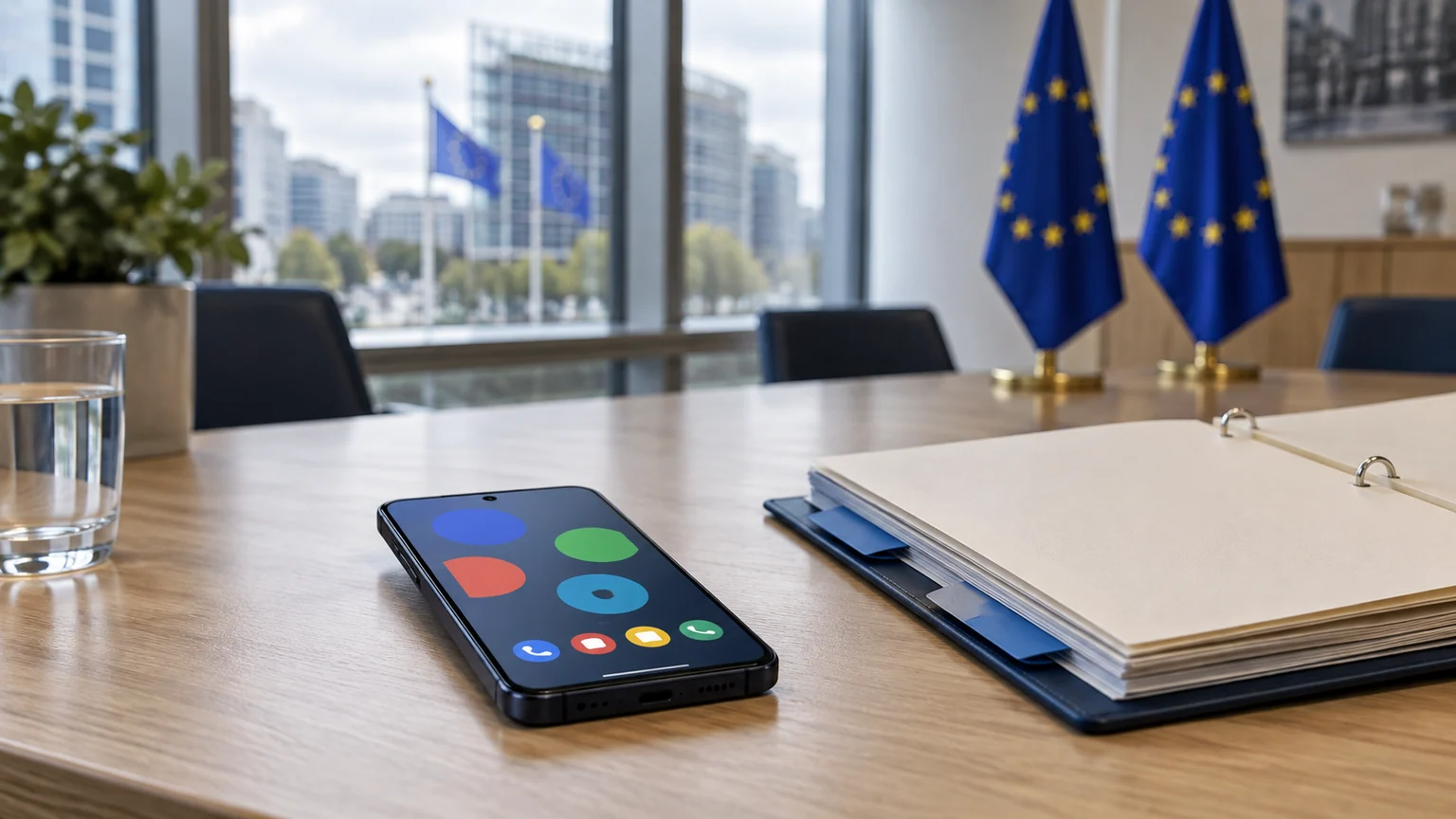 Amende Google et budget européen — smartphone Android posé sur une table de réunion, classeur vierge et drapeaux de l’Union européenne en arrière-plan.