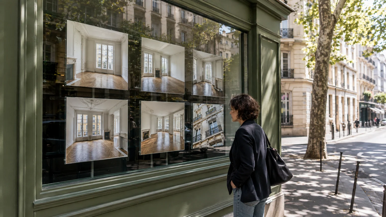 Annonces à Paris face au plafond de loyer — vitrine d'agence avec photographies d'appartements, façades haussmanniennes et passante de profil.