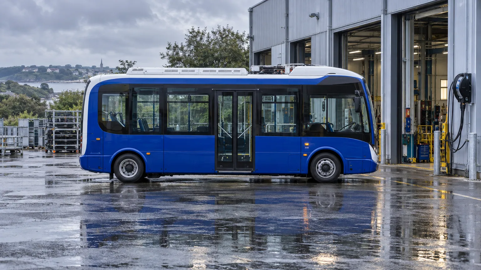 Arrêt de production des bus électriques Bluebus — bus urbain bleu stationné devant un atelier de maintenance industriel sous une lumière bretonne couverte.