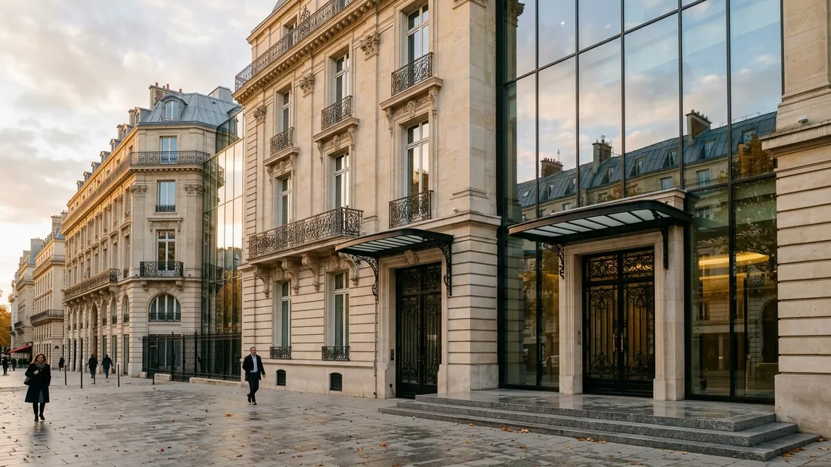Réinvestissement des assureurs dans les obligations — façade en pierre de taille et verrière contemporaine d'un siège financier parisien sous une lumière d'automne.