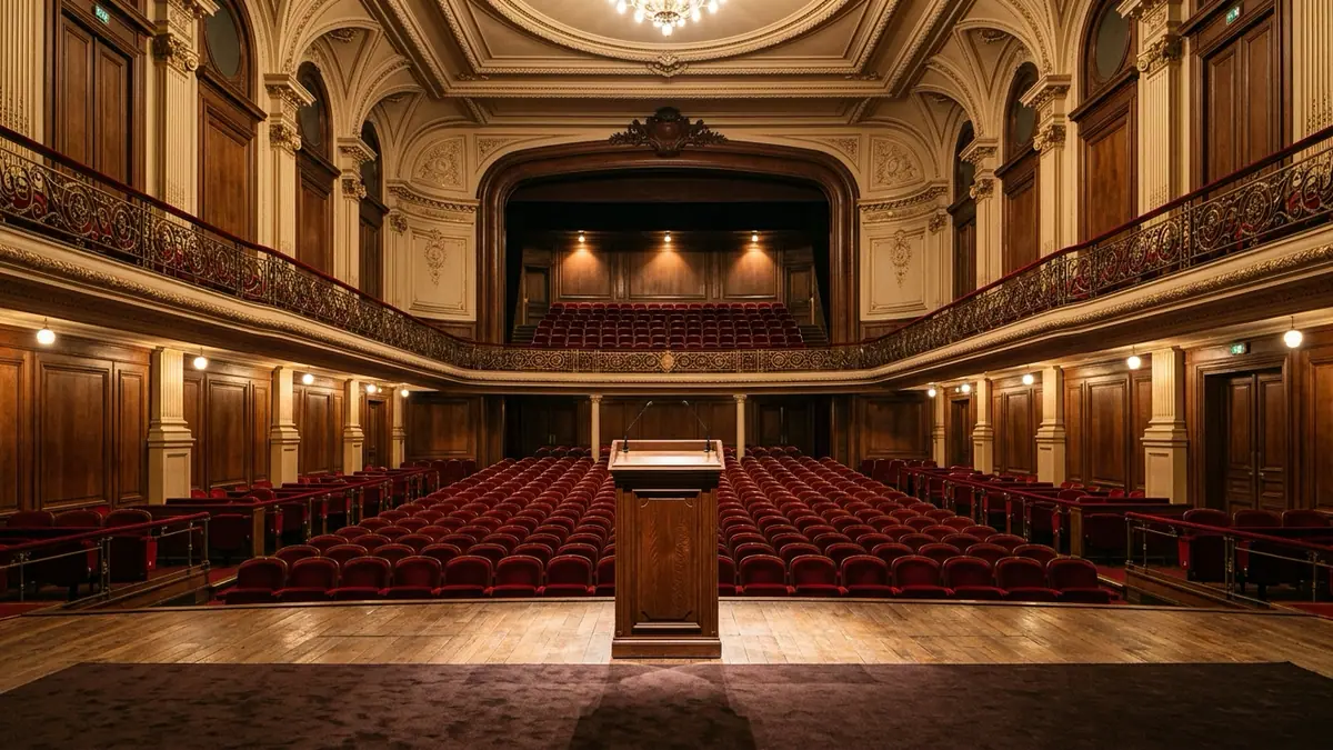 Assurance-vie et engagements fiscaux des candidats — estrade d'un auditorium parisien classique avec pupitre en chêne et fauteuils de velours rouge sous une lumière feutrée.