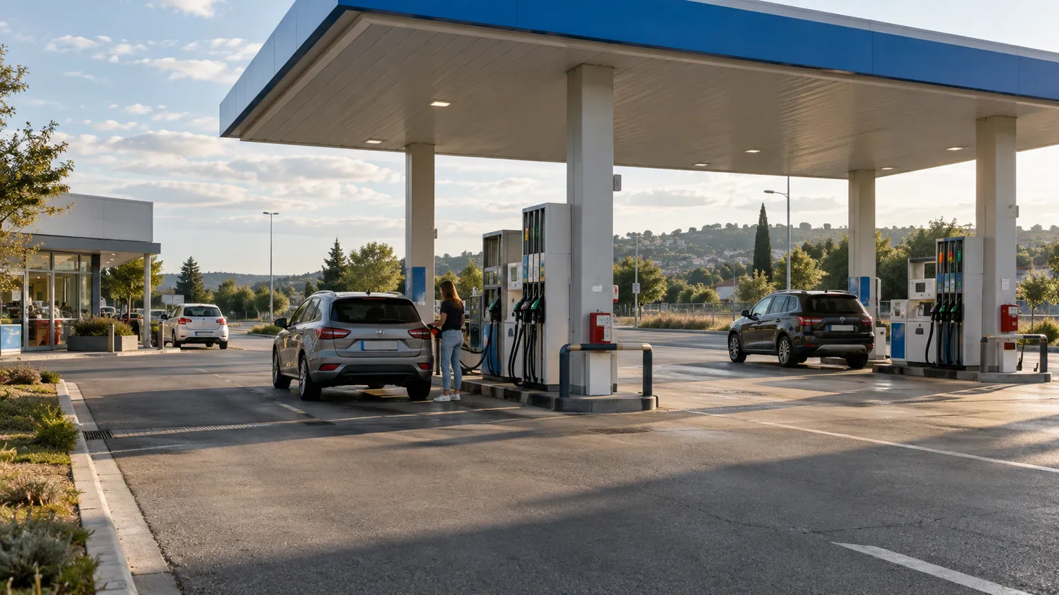 Baisse des carburants — station-service française contemporaine, pompes essence et gazole, deux voitures espacées et ravitaillement dans une lumière de fin de journée.