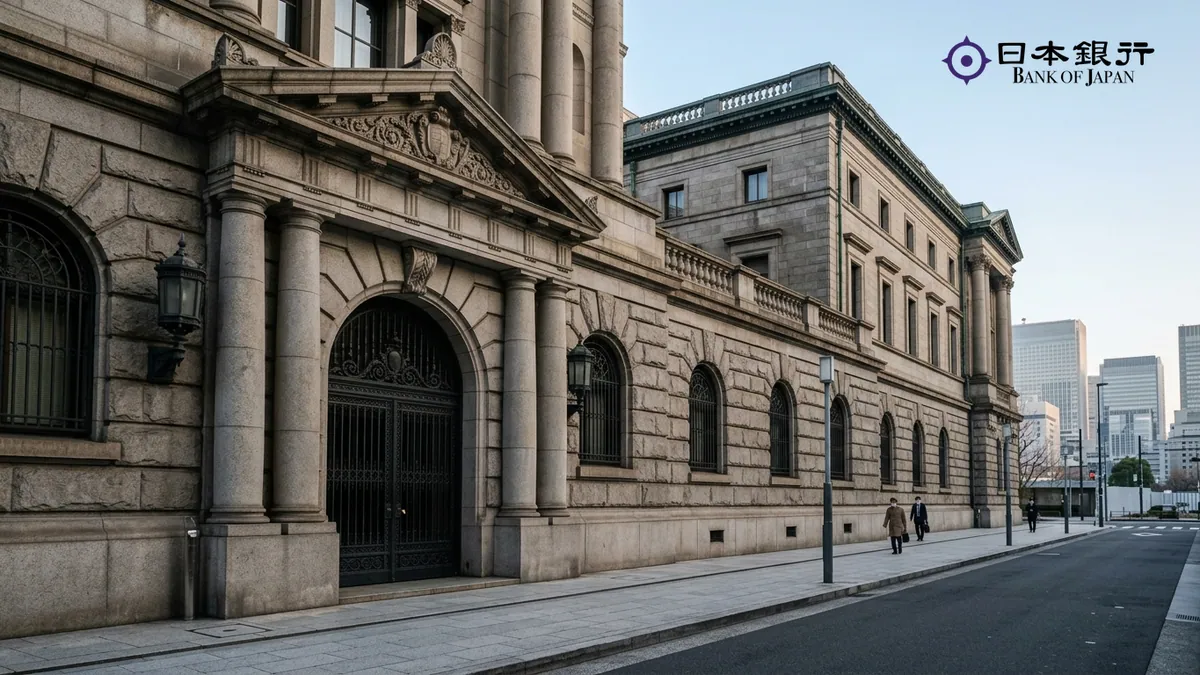 Taux directeur de la Banque du Japon — façade néo-classique en pierre de taille dans le quartier financier de Nihonbashi à Tokyo et logo officiel intégré en haut à droite.