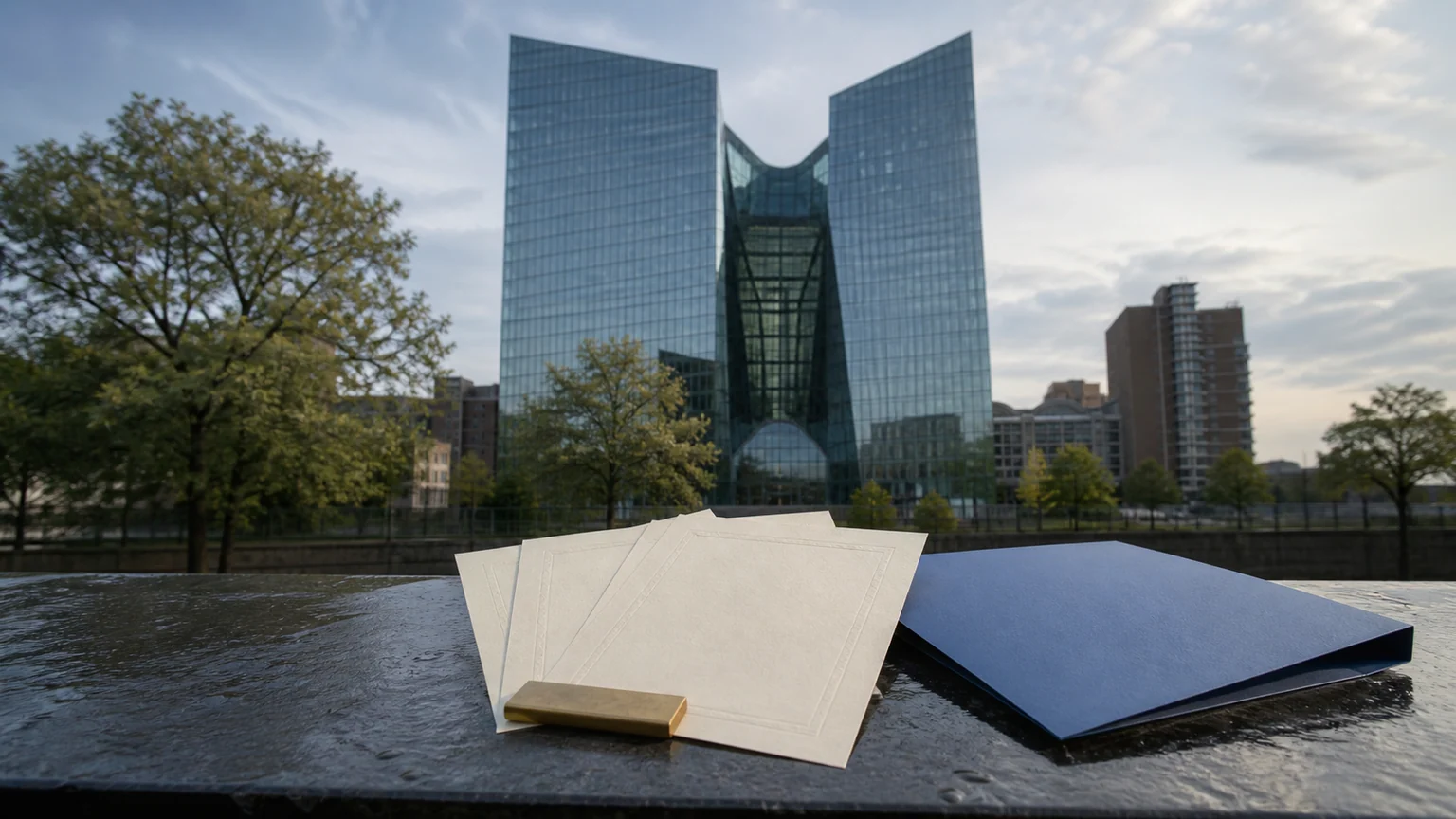 BCE et dette française — obligations anonymisées sur un parapet mouillé, devant une architecture bancaire contemporaine à Francfort.