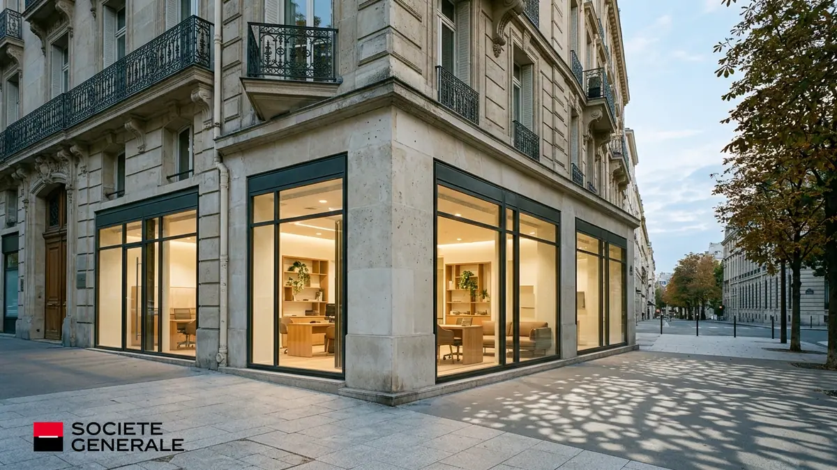 Société Générale confie sa banque de détail à Benoît Grisoni — devanture vitrée d'agence en rez-de-chaussée haussmannien au petit matin, logo officiel en incrustation.