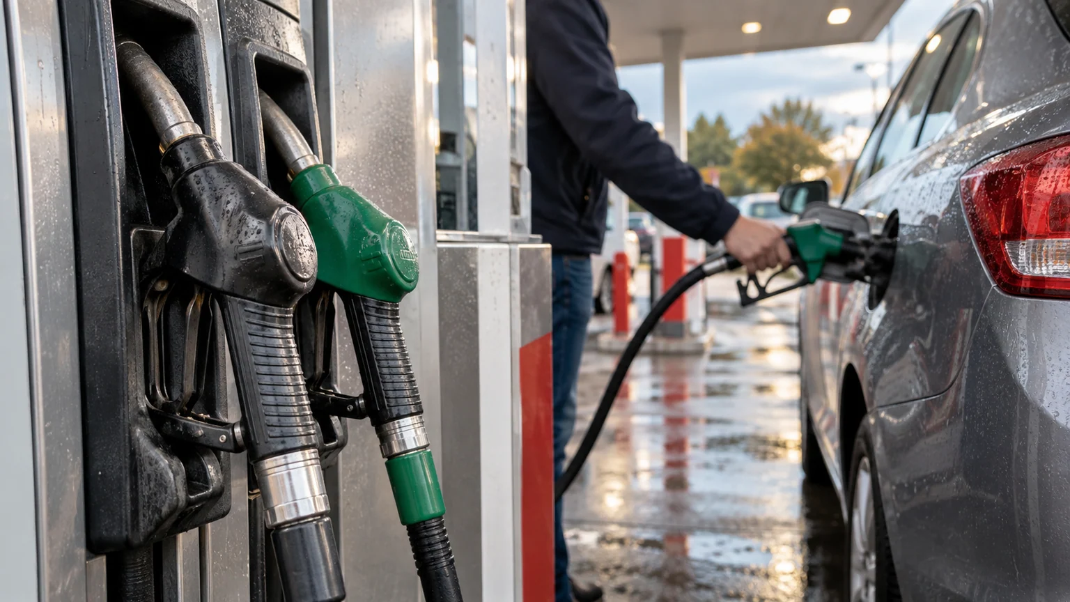 Baisse temporaire des taxes sur les carburants refusée par Bercy — pistolets noir et vert sur une pompe, voiture ravitaillée dans une station française après la pluie.