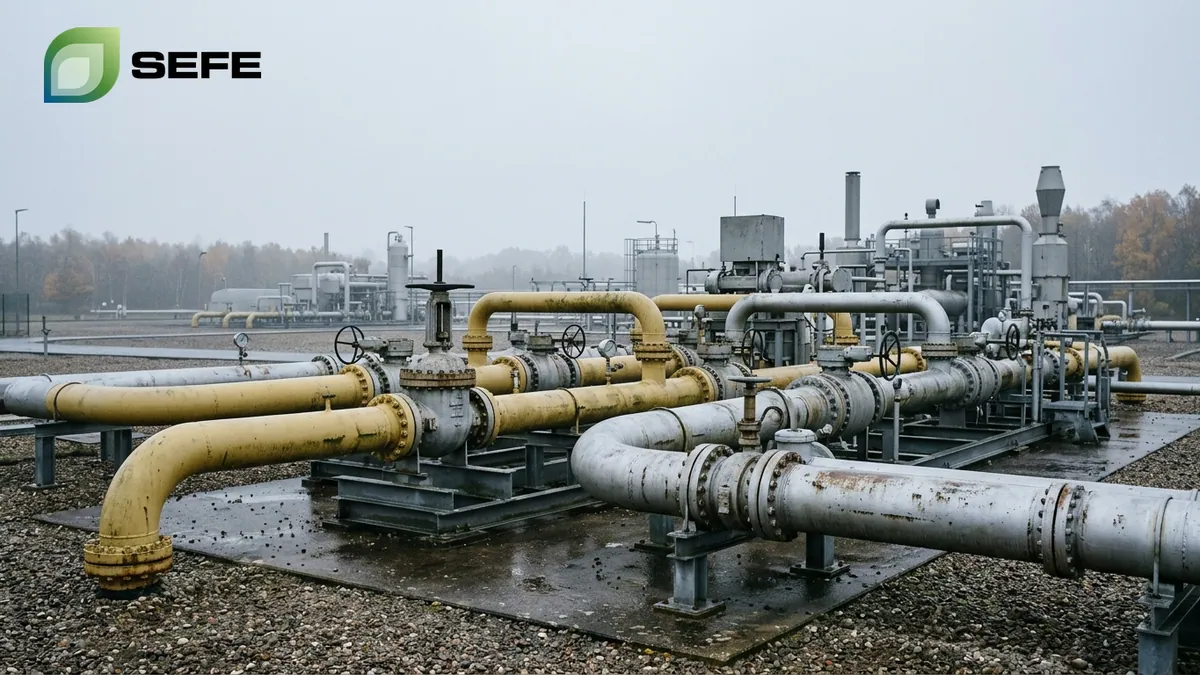 Consigne de stockage de gaz ordonnée par Berlin — réseau de tuyauteries industrielles et vannes sous un ciel d'automne, logo officiel en haut à gauche.