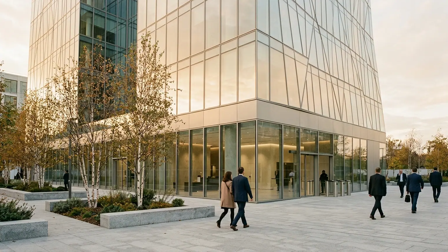 Plan de départs chez BforBank — façade vitrée contemporaine d'un immeuble de bureaux à Montrouge et parvis pavé arboré en fin d'après-midi.