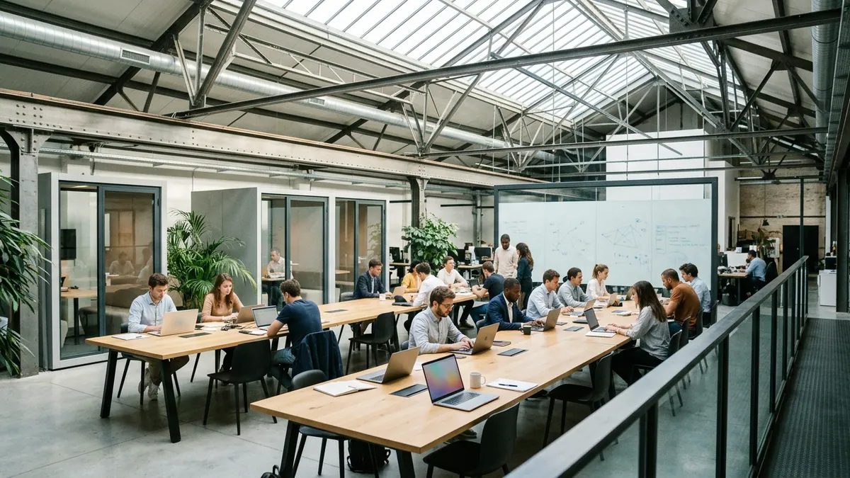Bilan financier des start-up françaises — campus d'entreprises innovantes sous une vaste verrière industrielle, postes de travail partagés et équipes au travail en lumière matinale.