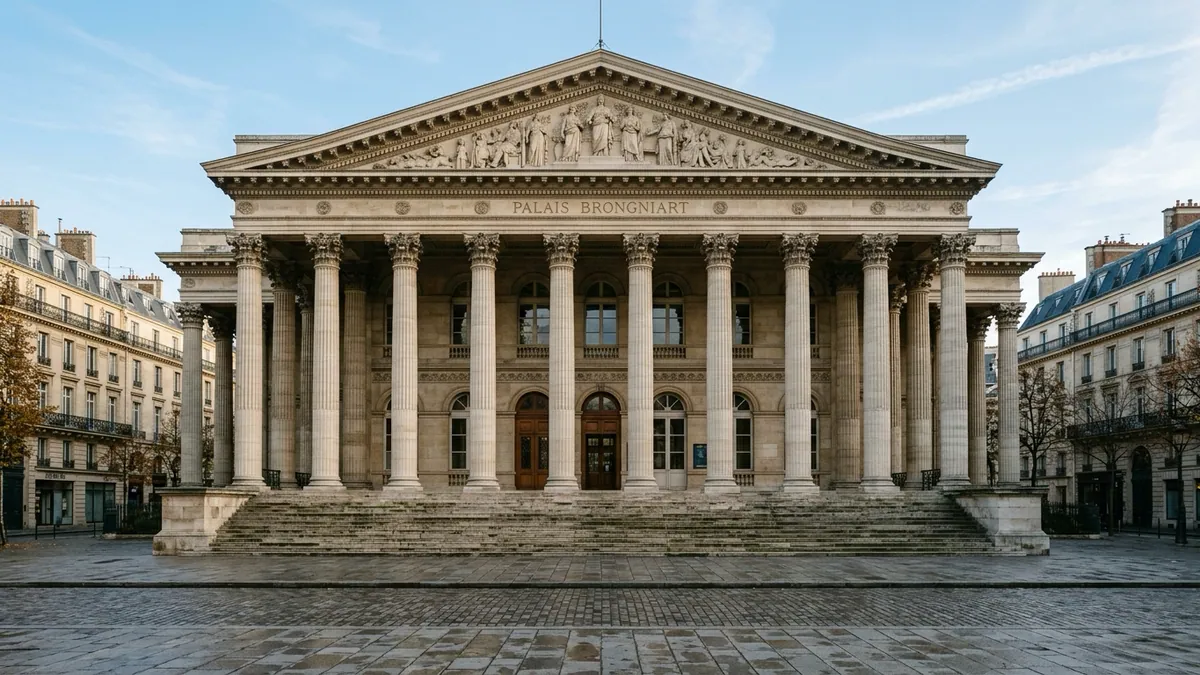 Engouement des particuliers pour la Bourse — colonnade néoclassique et degrés en pierre du Palais Brongniart sous la lumière matinale à Paris.