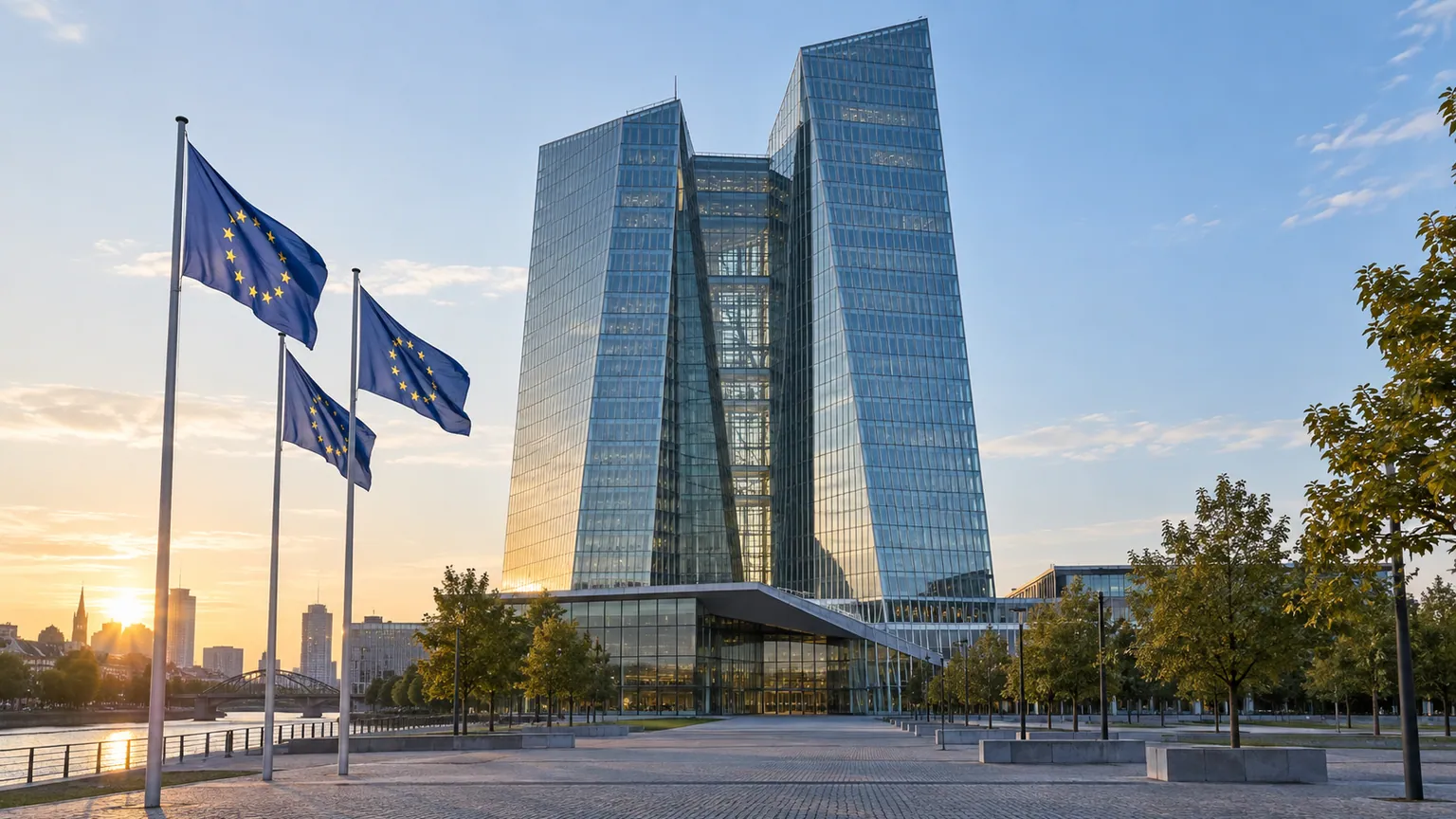 Bourses européennes avant la décision de la BCE — tours de verre de l’institution à Francfort, drapeaux européens au premier plan et esplanade vide au lever du jour.