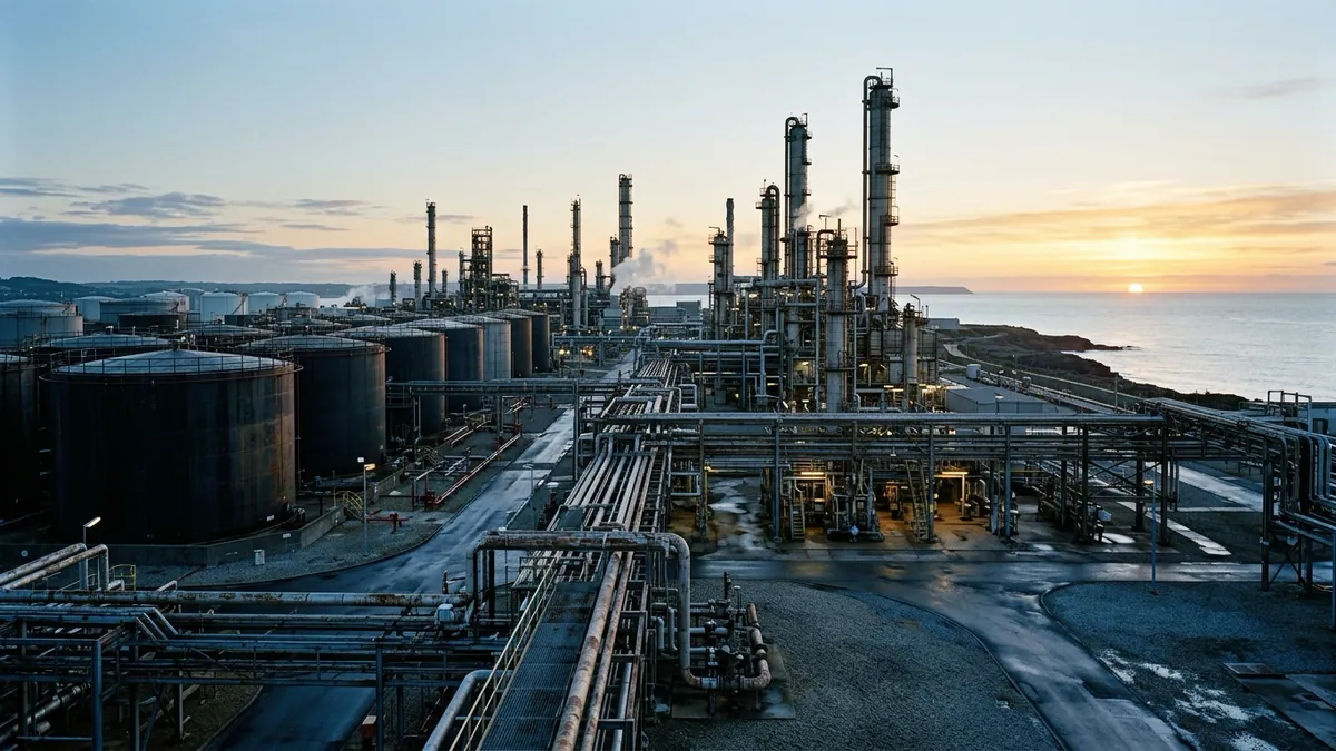 Tension sur les cours du pétrole brut — cuves de stockage métalliques et colonnes de distillation d'une raffinerie côtière à l'aube.