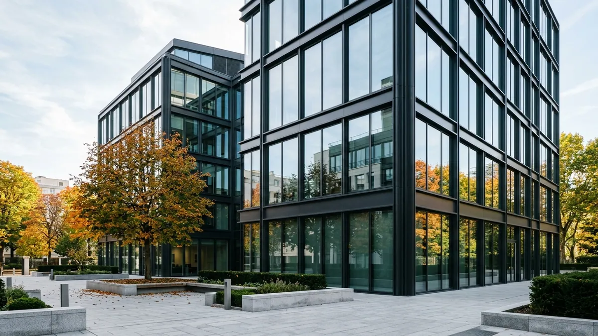 BoursoBank et ses ambitions de croissance — façade vitrée d'un immeuble de bureaux contemporain à Boulogne-Billancourt, baies vitrées et parvis dégagé sous une lumière matinale.