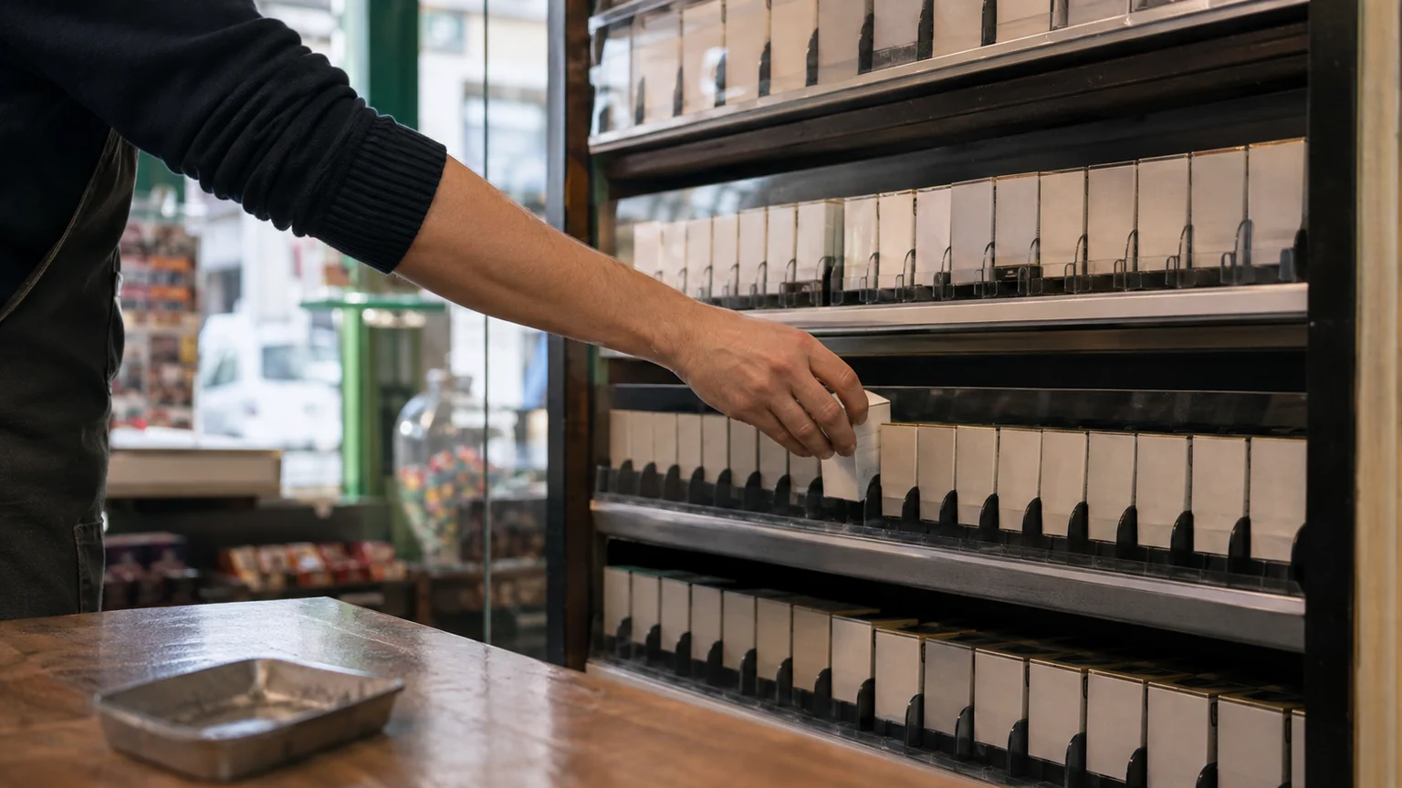Buralistes et fiscalité du tabac — main rangeant des paquets neutres dans le présentoir d’un bureau de tabac français.